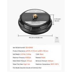 Terassipesuri 15-tuumainen muovinen nelipyöräinen painepesuriin 1/4-pikalukitusliittimelle