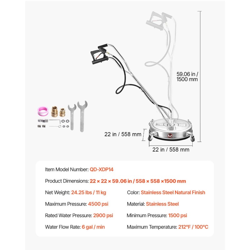 Pintapesuri 22 tuumaa ruostumatonta terästä 2 suutinta 4 pyörää kaksoiskahvalla