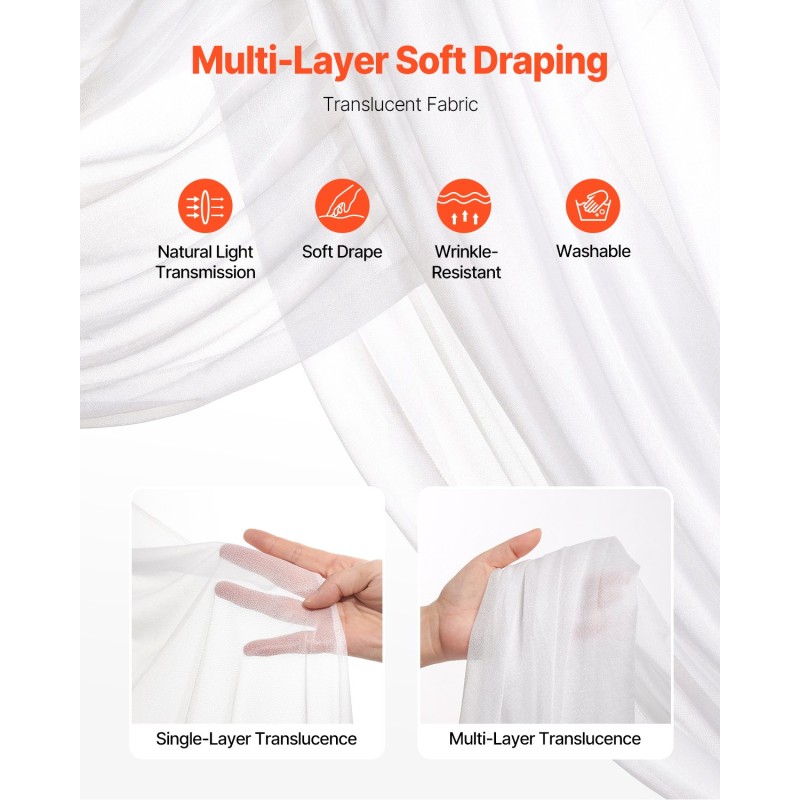 Hääkaarikoristesetti 4-osainen 2 silkkikukkaryhmää ja 6,4 m läpikuultavat verhot