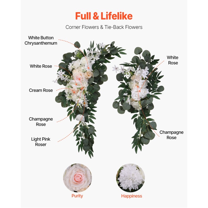 Hääkaarikoristesetti 4-osainen 2 silkkikukkaryhmää ja 6,4 m läpikuultavat verhot