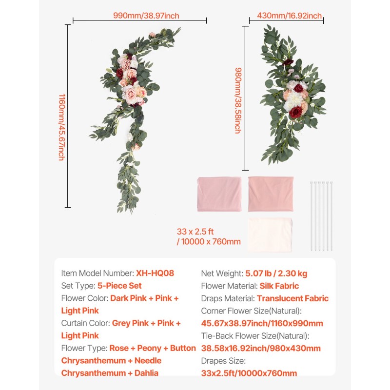 Hääkaaren kukkasetti silkkikukat viisi-osainen noin kymmenen metriä läpikuultava verho vaaleanpunaisen sävyissä