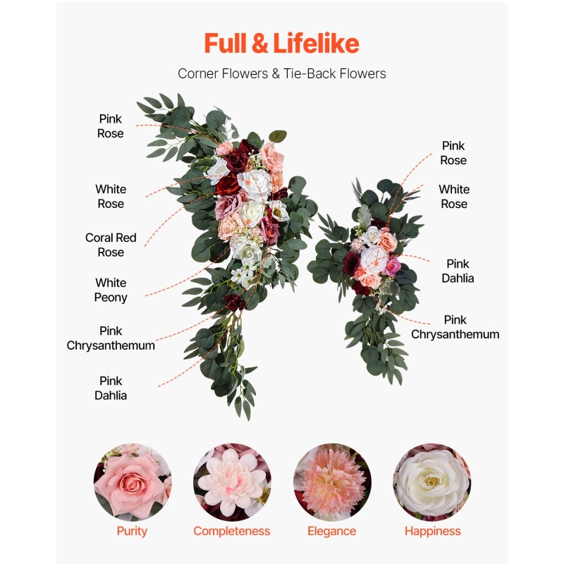 4-osainen silkkikukkasetti hääkaareen läpikuultavilla verhoilla ja nippusiteillä