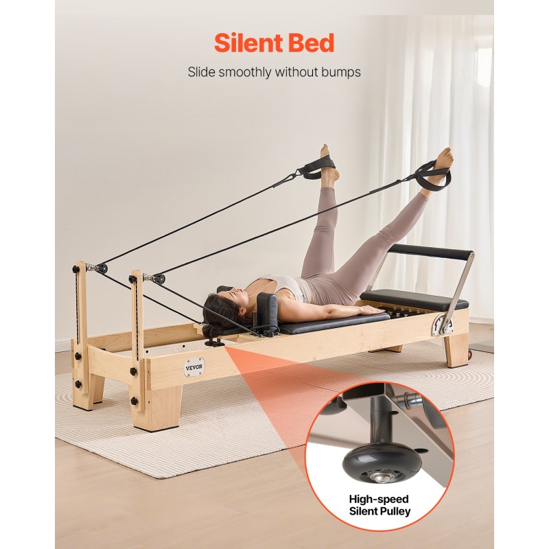 Pilates-reformerikone massiivipuusta 2380x735x925 mm jousi ja köysi istuinlaatikolla kotisalille ja studioille