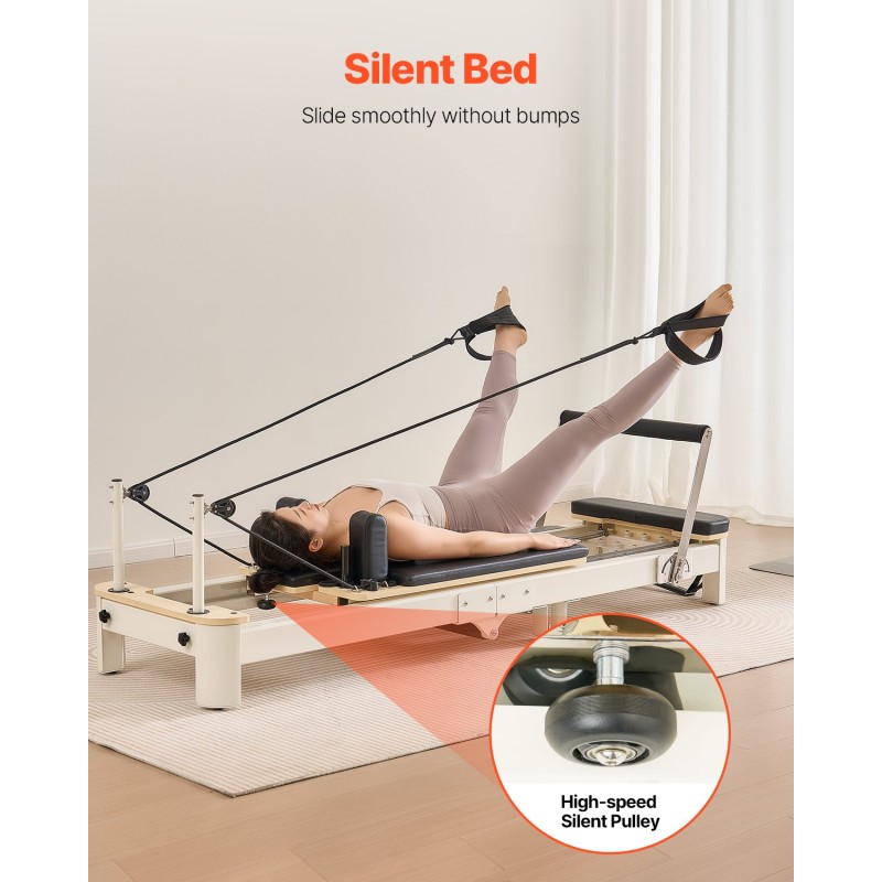 Taitettava pilates-reformerlaite kotikäyttöön istuinlaatikolla ja kaksinkertaisella vastuksella