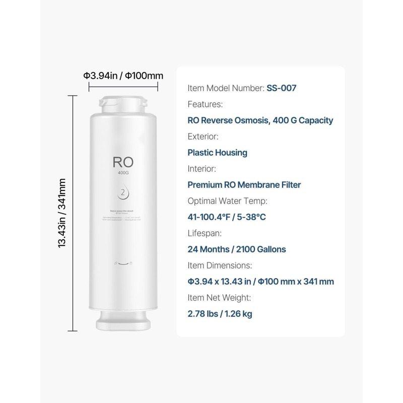 Käänteisosmoosisuodatin muovikotelo käänteisosmoosikalvolla altaan alle asennettava 400 gallonaa vuorokaudessa