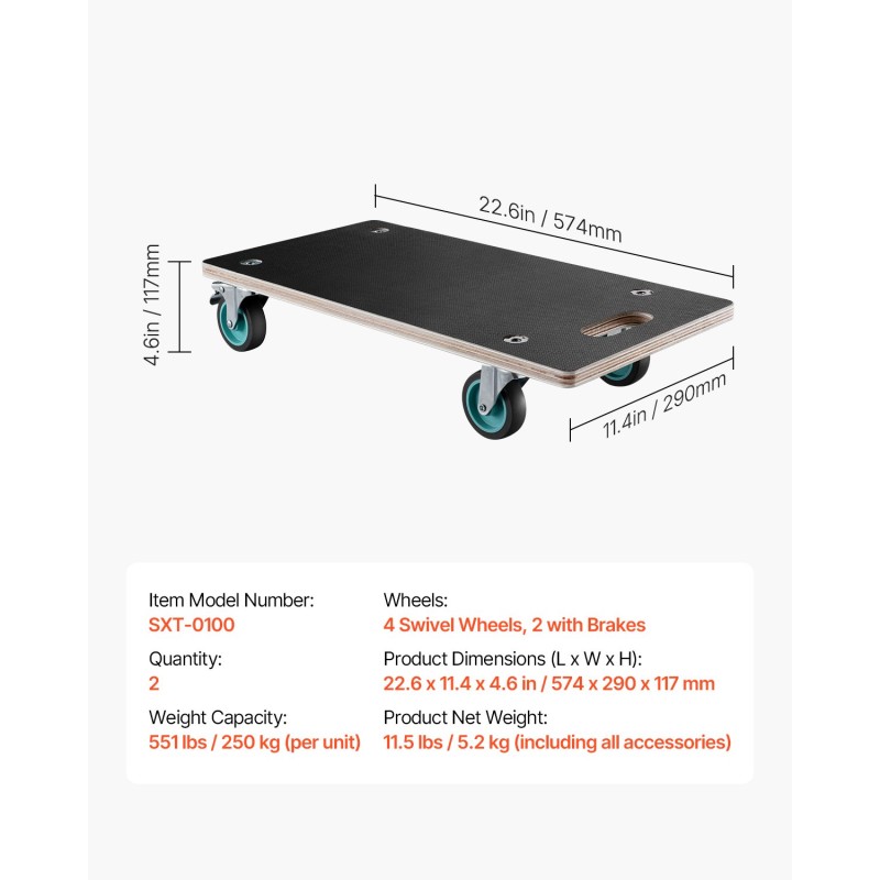 Huonekalukärry kaksi kappaletta 250 kg kantavuudella neljä pyörää joista kaksi jarrulla