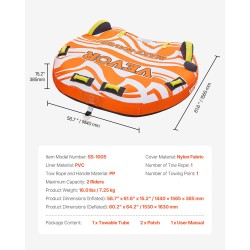 Vedettävä vesirengas 1–2 hengelle PVC-sisärengas nylonpäällinen pehmustetut kahvat D-muotoinen profiili