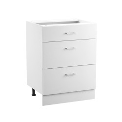 Alakaappi valkoinen puu kolme laatikkoa pehmeästi sulkeutuvilla kiskoilla