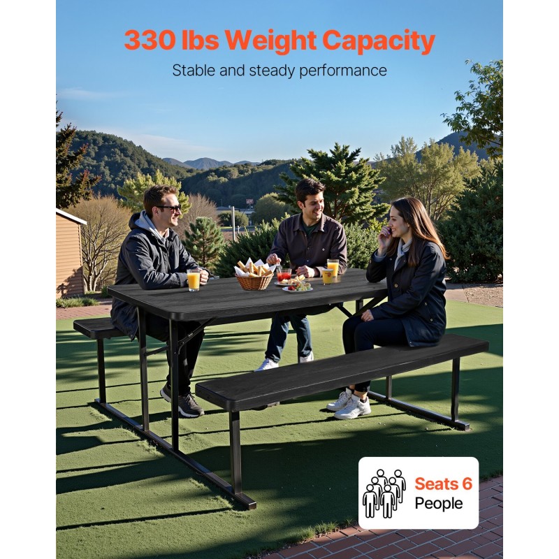 Taitettava piknikpöytä 180 cm kahdella kiinteällä penkillä teräsrunko korkeatiheyksinen polyeteeni
