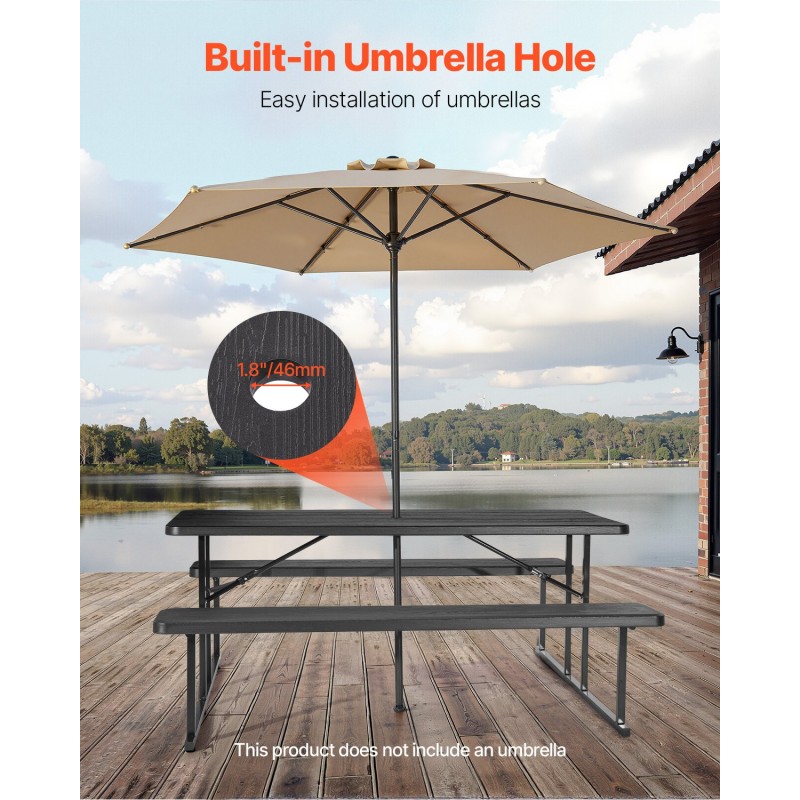 Taitettava piknikpöytä 180 cm kahdella kiinteällä penkillä teräsrunko korkeatiheyksinen polyeteeni