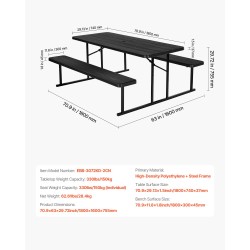 Taitettava piknikpöytä 180 cm kahdella kiinteällä penkillä teräsrunko korkeatiheyksinen polyeteeni