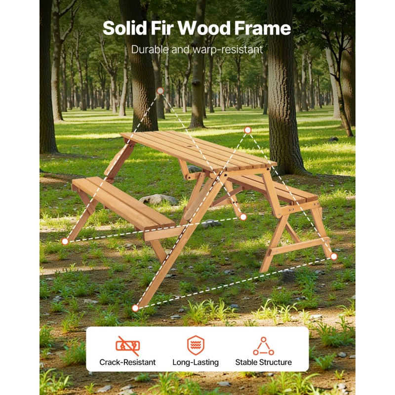 Ulkopöytä ja penkkisetti kuusipuusta taittuva rakenne aurinkovarjon reiällä