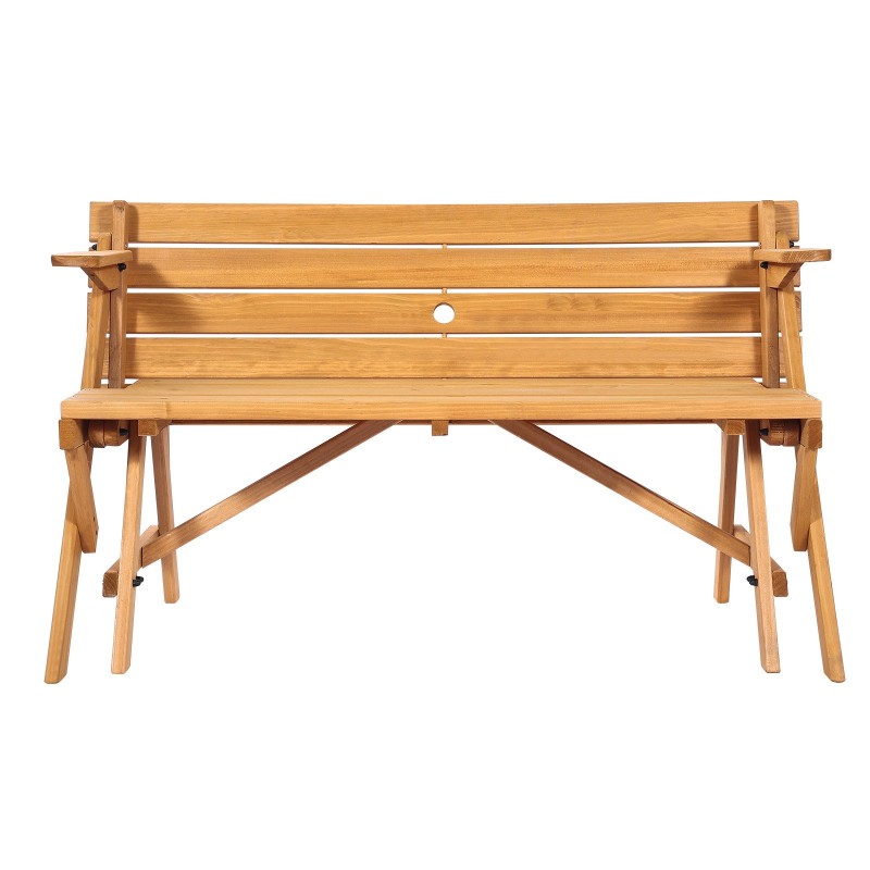 Ulkopöytä ja penkkisetti kuusipuusta taittuva rakenne aurinkovarjon reiällä