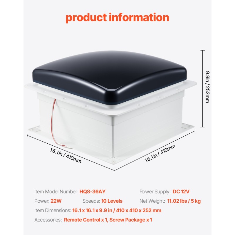 Kattotuuletin matkailuautoon kaksitoistavolttinen neljätoista tuuman aukkoon sateentunnistimella kaukosäätimellä kymmenellä