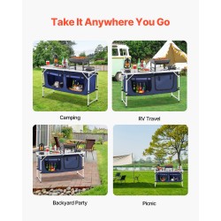 Retkikeittiöpöytä alumiinirunkoinen kolmitasoinen taitettava työtaso ja säilytystila musta ja sininen