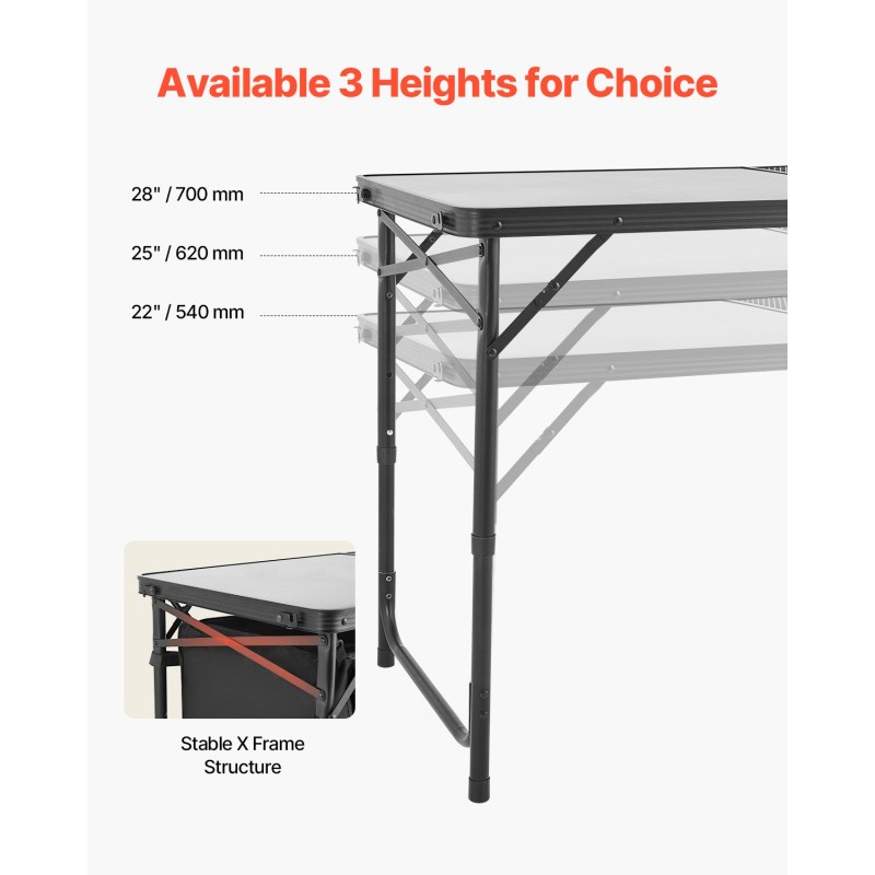 Taitettava retkikeittiöpöytä alumiinirunko kolme säädettävää korkeutta säilytysosalla musta kantokahva