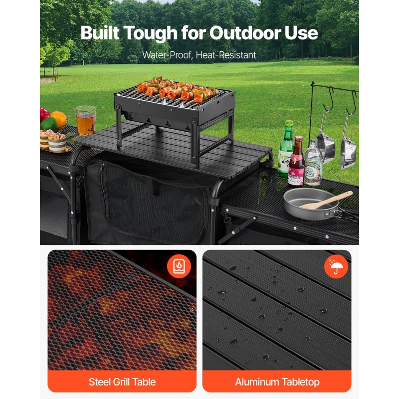 Alumiininen taittuva retkikeittiöpöytä 3 säilytyskaappia irrotettava tuulensuoja musta