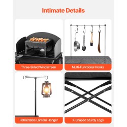 Alumiininen taittuva retkikeittiöpöytä 3 säilytyskaappia irrotettava tuulensuoja musta