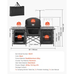 Alumiininen taittuva retkikeittiöpöytä 3 säilytyskaappia irrotettava tuulensuoja musta