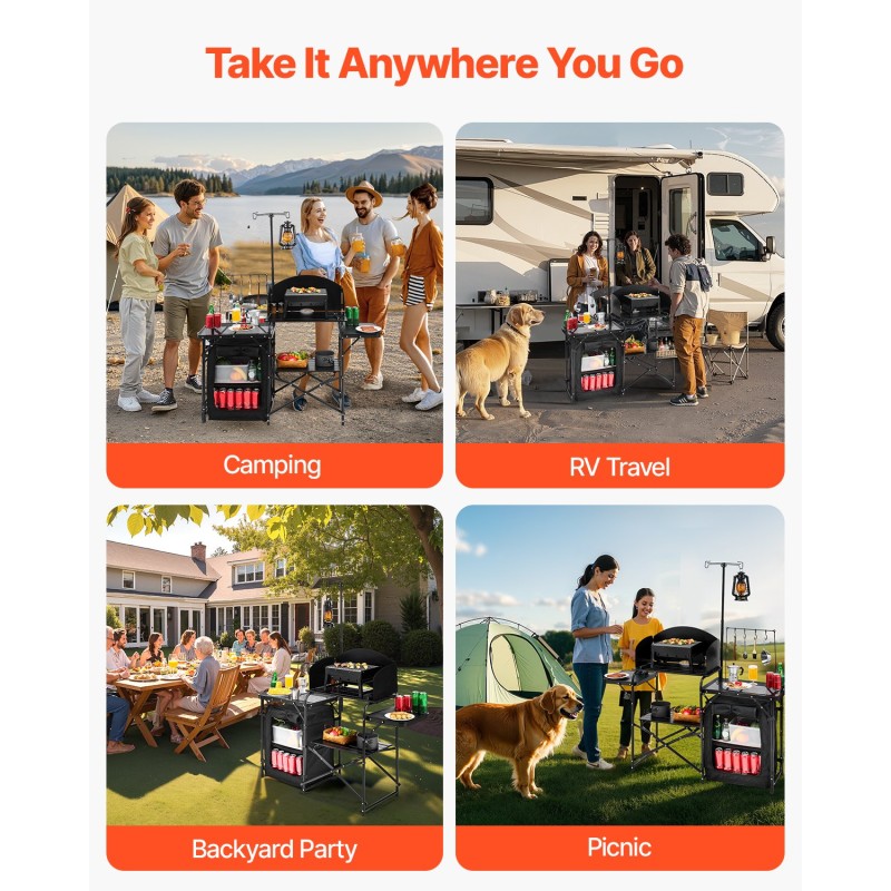 Retkikeittiöpöytä alumiinityötaso teräsrunko säilytyskaapilla kolmisivuinen tuulisuoja taittuva kantolaukulla musta