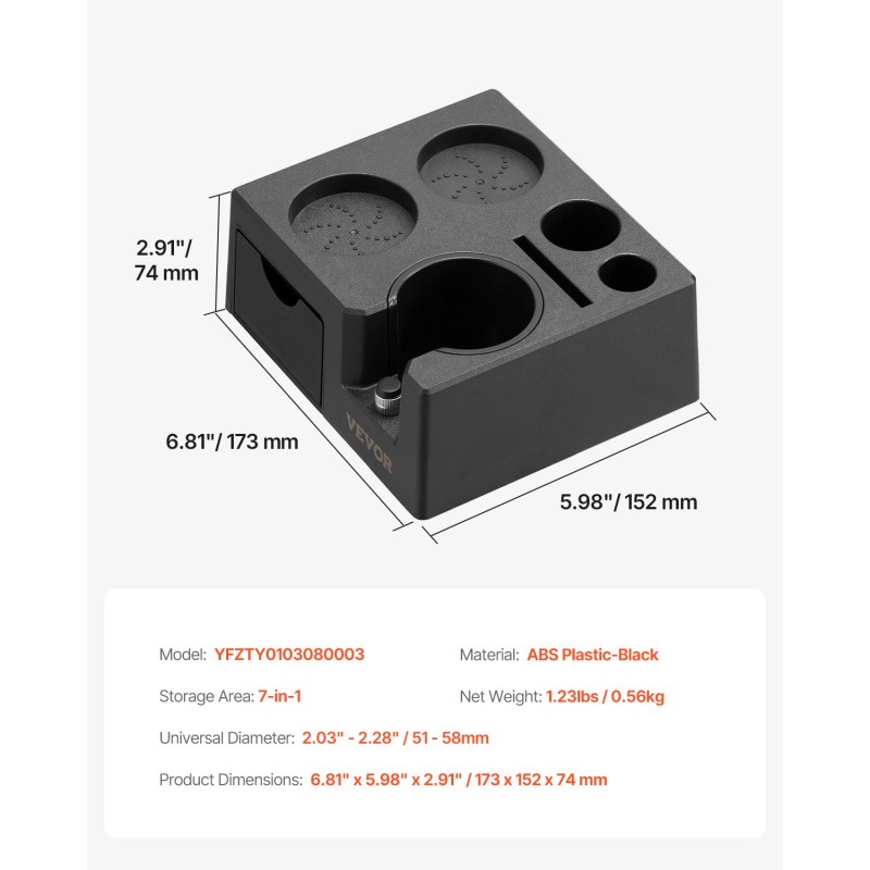 Espresson tamppausasema musta muovi 51–58 mm kahvakahvoille seitsemänpaikkainen säilytys silikonijaloilla