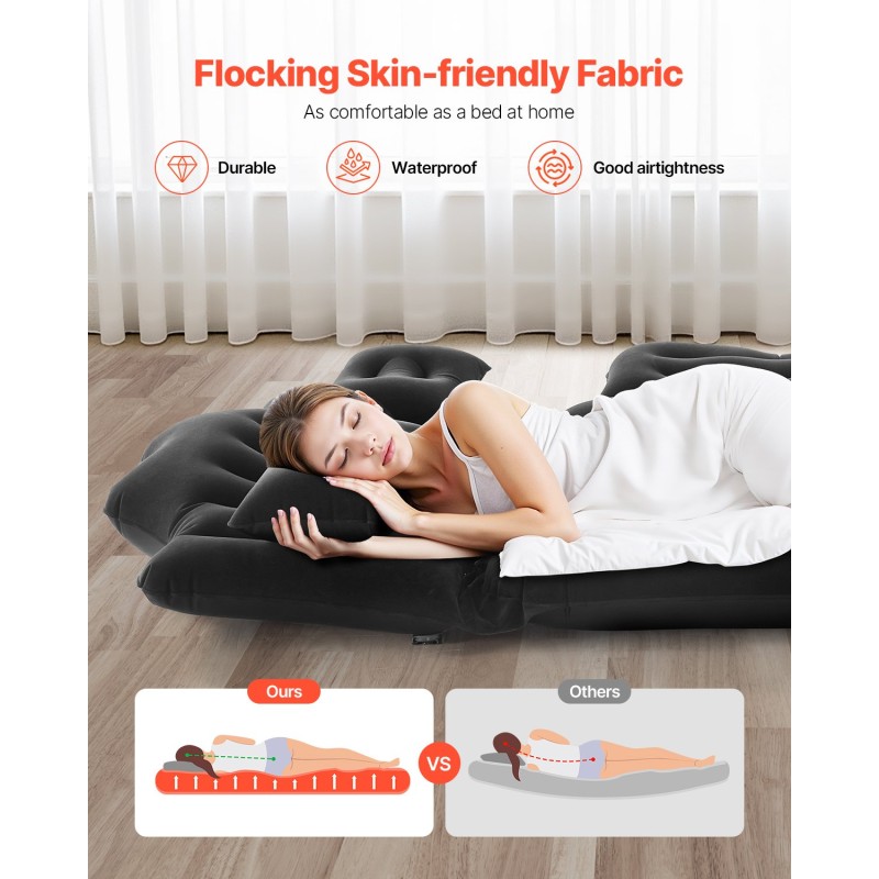 Auton ilmapatja nukkapinnalla PVC 1860x1130x120 mm mukana pumppu ja kaksi tyynyä musta