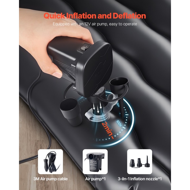 Auton ilmapatja nukkapinnalla PVC 1860x1130x120 mm mukana pumppu ja kaksi tyynyä musta