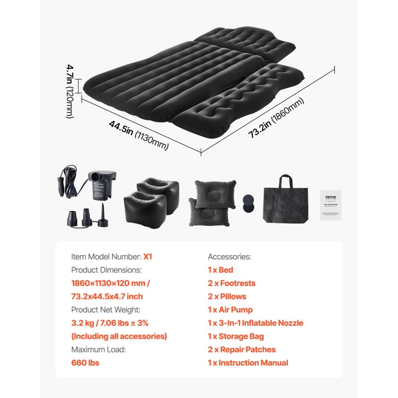 Auton ilmapatja nukkapinnalla PVC 1860x1130x120 mm mukana pumppu ja kaksi tyynyä musta