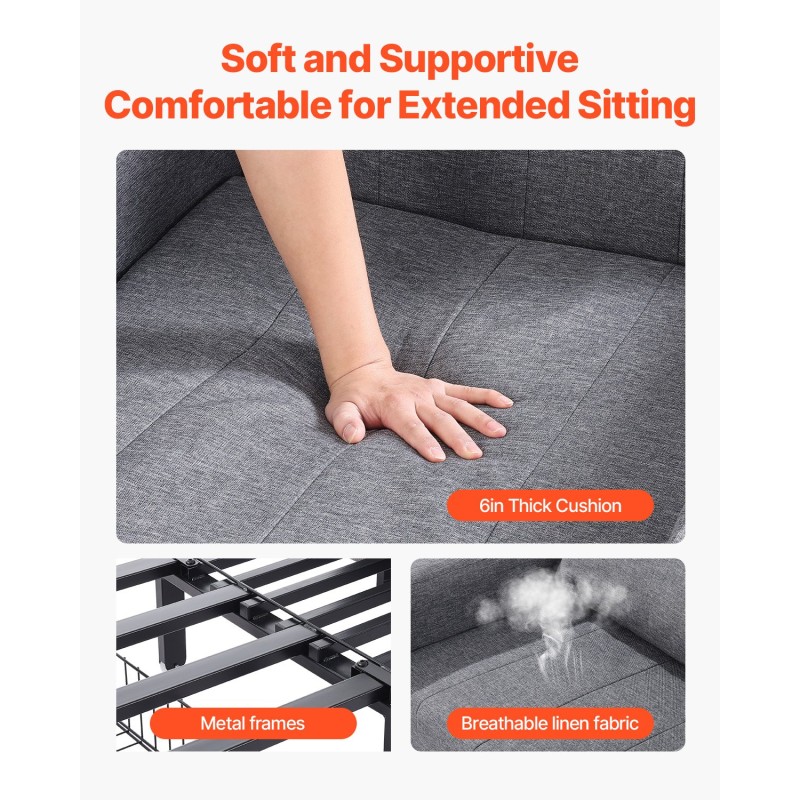 Ulosvedettävä vuodesohva metallirunkoinen pellavaverhoilu harmaa kaksisataakolmekymmentäkaksi senttimetriä avattuna