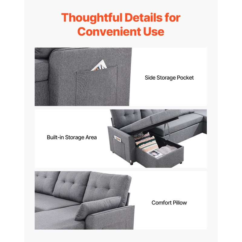 U-muotoinen 6-istuiminen vuodesohva vedettävä vuodeosa pellavakangas metallirunko harmaa