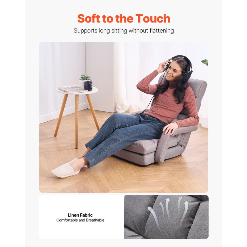 Taitettava lattiatason nojatuoli vaahtomuovitäytteellä teräsrunko harmaa säädettävä selkänoja 5 asentoa