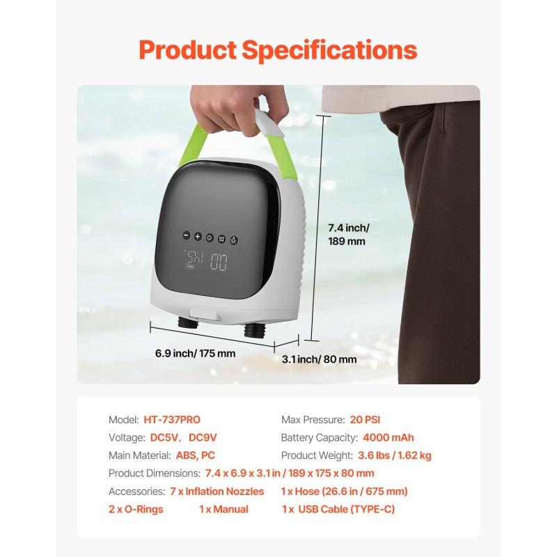 Langaton SUP-ilmapumppu 4000 mAh akulla 20 PSI 7 suutinta