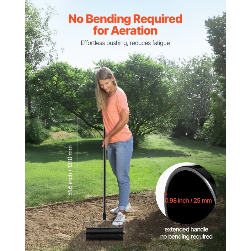 Rullaava nurmikon ilmastin 18 tuuman työleveys 27 rautapiikkiä 131 cm kahva metalli