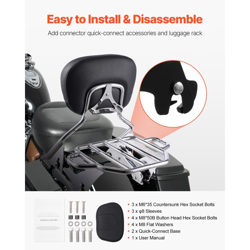 Moottoripyörän irrotettava selkänoja ja tavarateline ruostumattomalla rungolla vedenpitävällä nahalla Touring-malleihin