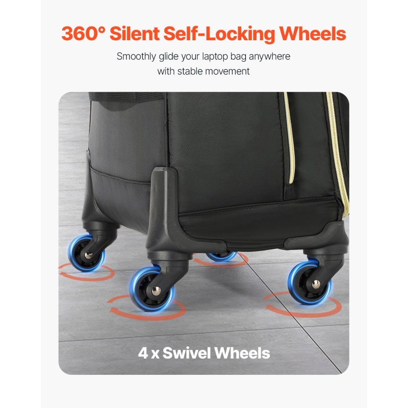 Rullattava tietokonelaukku 17,3-tuumaiselle kannettavalle 4 pyörää vedenpitävällä pinnoitteella 1680D Oxford-kangas musta-kulta