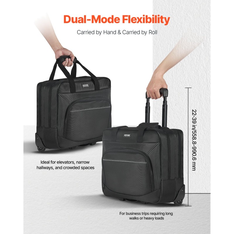 Rullattava tietokonelaukku 15,6 tuuman 1680D-kangas vedenpitävä musta kaksi pyörää