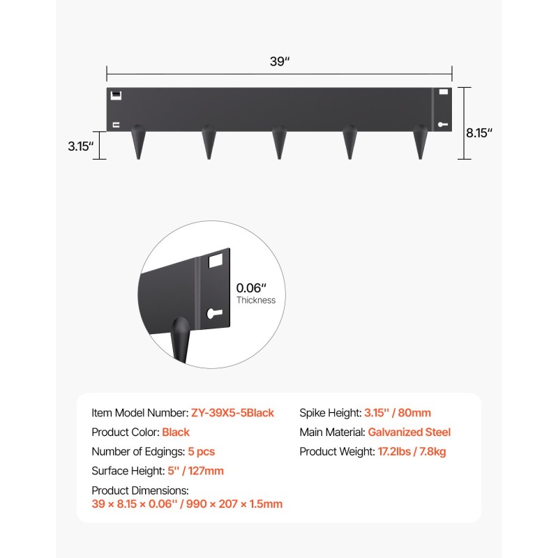 Nurmikon reunussetti sinkitty teräs 5 kpl 990 mm 127 mm musta