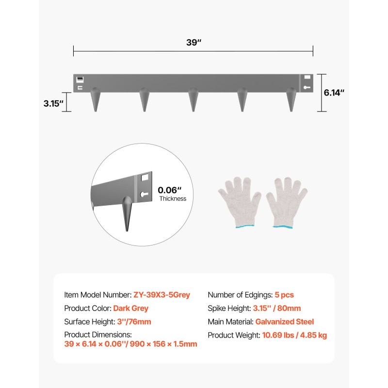 Reunalista galvanoitu teräs 76 mm korkeus 5 kpl tummanharmaa taipuisa nurmikolle