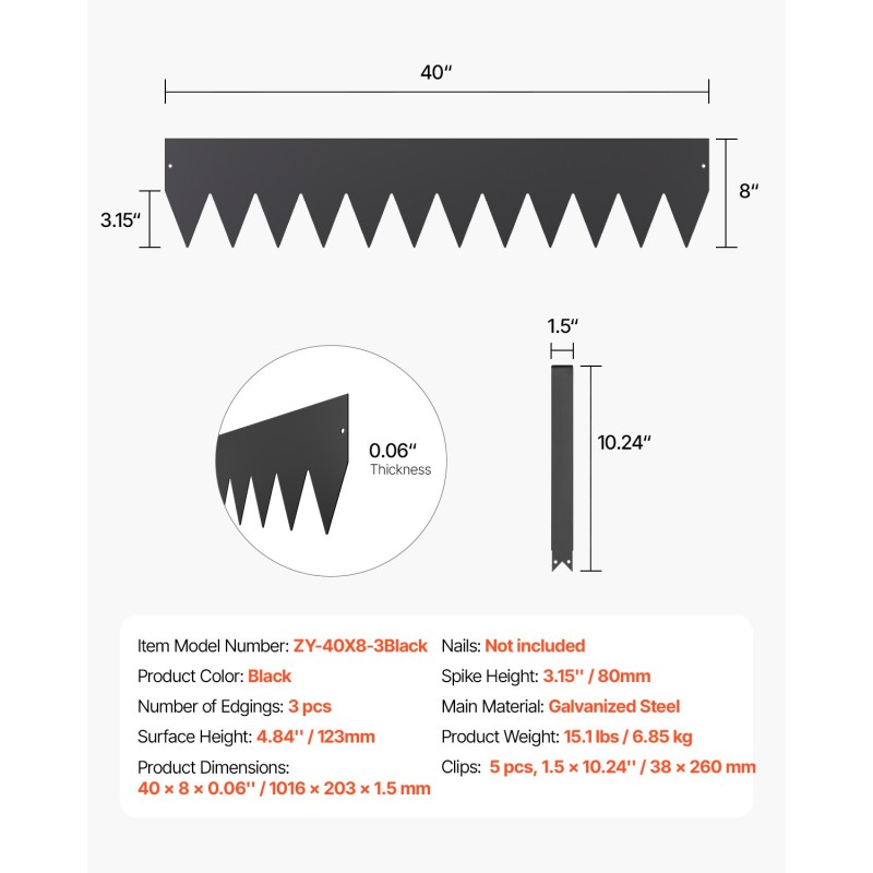 Nurmikonreunus galvanoidusta teräksestä 3 kpl korkeus 123 mm musta