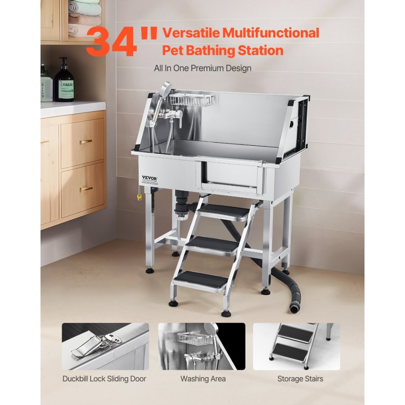 Lemmikkien pesuallas ruostumatonta terästä 87 senttimetriä suihkupäällä kuuma ja kylmävesihanalla teleskooppisilla portailla