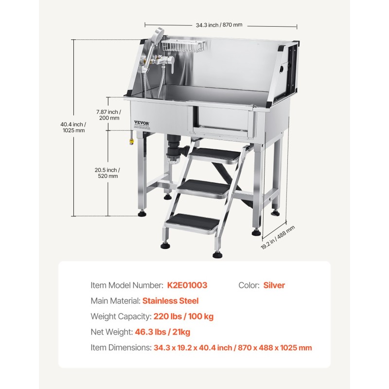 Lemmikkien pesuallas ruostumatonta terästä 87 senttimetriä suihkupäällä kuuma ja kylmävesihanalla teleskooppisilla portailla