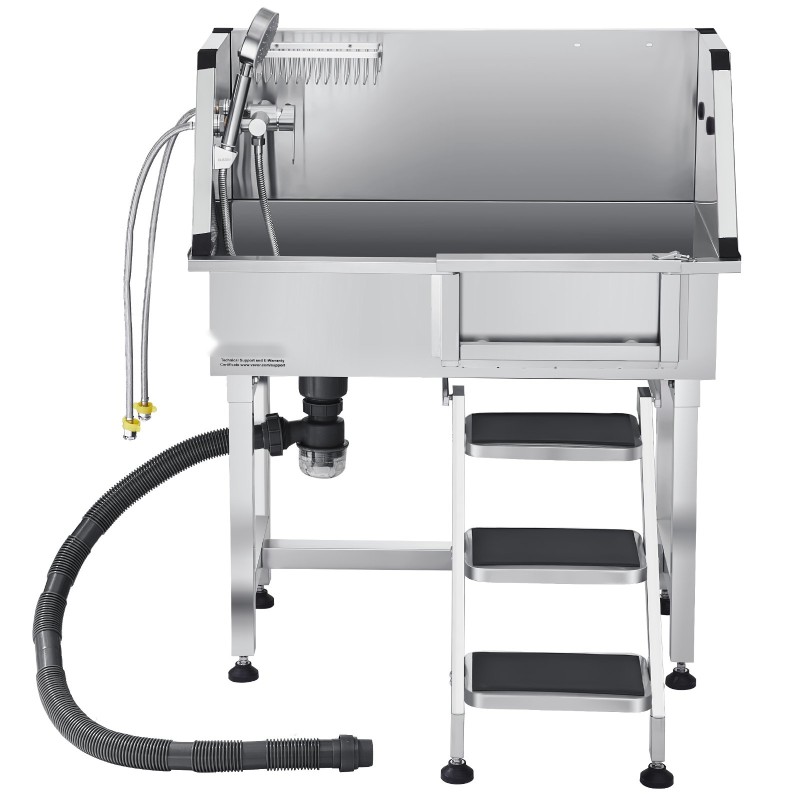 Lemmikkien pesuallas ruostumatonta terästä 87 senttimetriä suihkupäällä kuuma ja kylmävesihanalla teleskooppisilla portailla