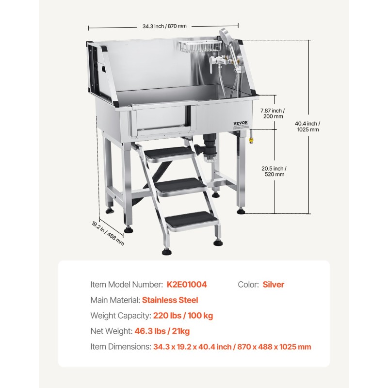 Lemmikkien pesuallas ruostumaton teräs 86,4 cm pienille koirille ja kissoille
