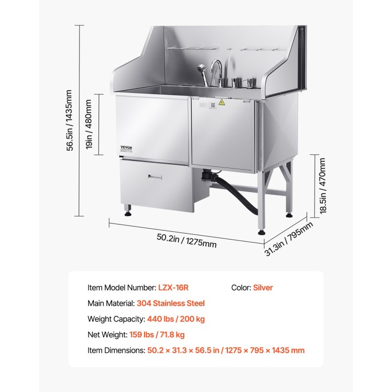 Koirien pesuallas 127 cm 304-ruostumattomasta teräksestä liukumattomalla rampilla säilytyslaatikolla oikeanpuoleisella ovella