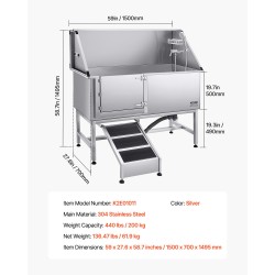 Koirien pesuallas 304-ruostumaton teräs 1500×700×1495 mm kantavuus 200 kg