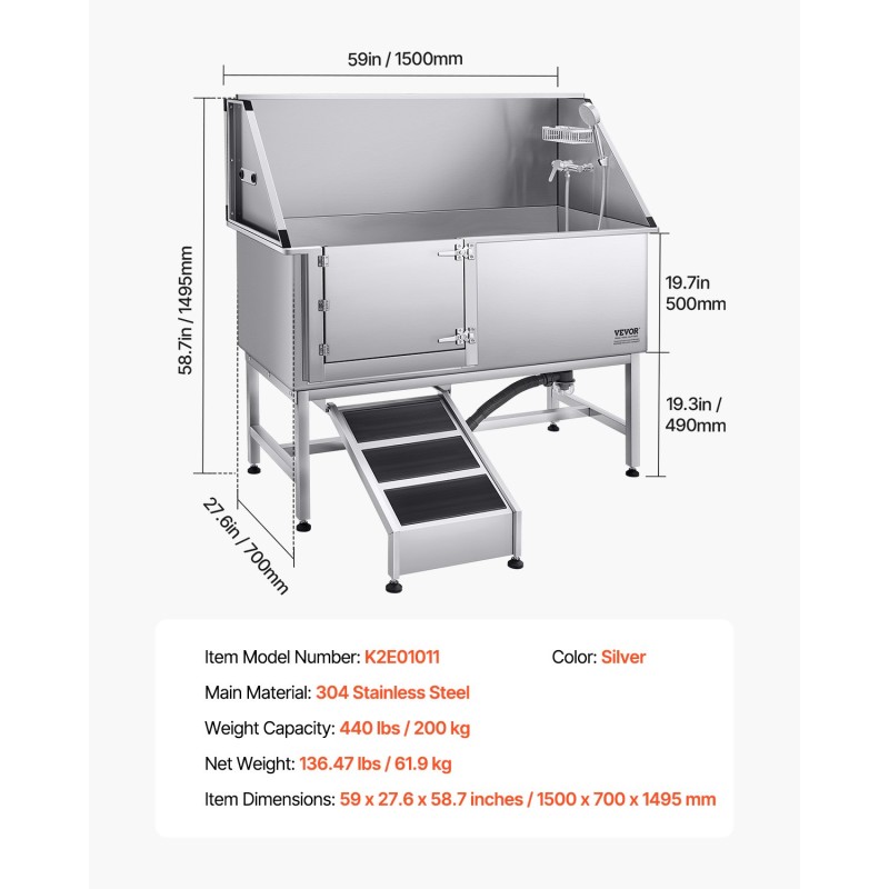 Koirien pesuallas 304-ruostumaton teräs 1500×700×1495 mm kantavuus 200 kg