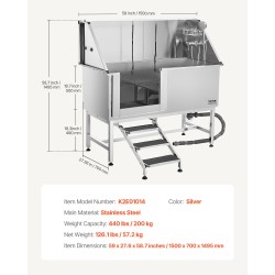 Koiran pesuasema ruostumattomasta teräksestä vasen ovi portaat säädettävät jalat 200 kg