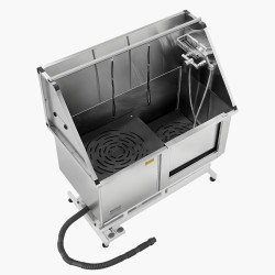 Sähkökäyttöinen koirien pesuasema ruostumattomasta teräksestä korkeudensäätöisellä oikeanpuoleisella ovella vesisuodattimella