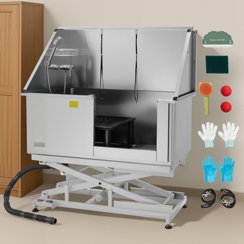 Sähkökäyttöinen koirien pesuasema ruostumattomasta teräksestä korkeudensäätöisellä oikeanpuoleisella ovella vesisuodattimella