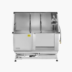 Sähkökäyttöinen koirien pesuasema ruostumattomasta teräksestä korkeudensäätöisellä oikeanpuoleisella ovella vesisuodattimella